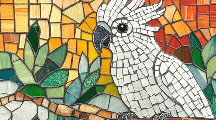 Stained glass art a beautifully crafted mosaic of a Cockatoo. The bird, with its distinctive white plumage, sits on a branch with pastel green leaves.