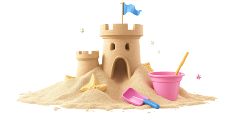 3D rendering of a sandcastle with a blue flag, pink bucket, and shovel on a transparent background Concept of summer vacation, childhood, and beach fun