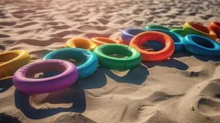 Vibrant rings on sand create a playful scene. Colorful toys scattered across the beach offer summer fun and relaxation. Bright hues invite joy.