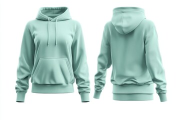 Mint green hoodie mockup showcasing the front and back design, highlighting the hood, pocket, and fit for apparel design presentation.