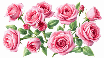 A close-up illustration of vibrant pink roses with intricate petals surrounded by lush green leaves. Perfect for romantic, floral, or decorative themes showcasing natural beauty and elegance