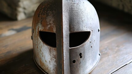 A medieval helmet with a smooth faceplate, two narrow, slit eye openings, an inhuman appearance. The metal rusted with age, had once been blackened. It's laying on a wooden table.