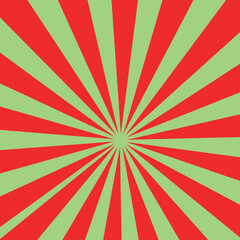 Square retro background with rays. Christmas background with red and green stripes.