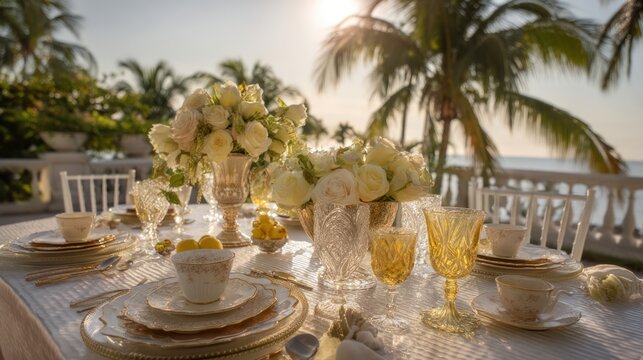 Elegant outdoor dining setting with pastel blooms and crystal glassware, overlooking a tropical ocean vista