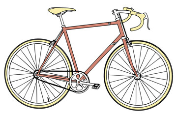 36 Vintage bicycle, orange frame, yellow leather seat, silver handlebars, thin tires, classic design, minimalist, retro style, urban commuter bike, single-speed, clean lines, simple elegance, muted co