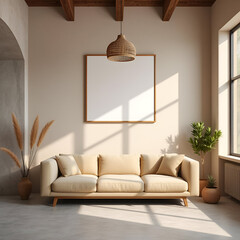 square frame mockup, japandi living room, tan sofa, clay wall, rattan pendant, concrete floor, zen minimalist interior, natural lighting