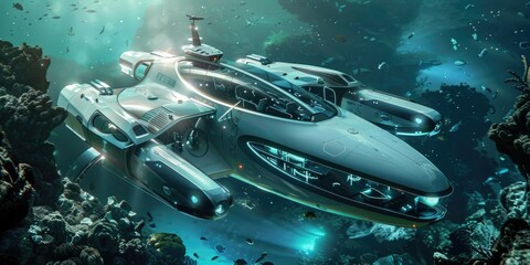 A futuristic research ship explores the ocean depths, with human scientists and AI submersibles working together. Equipped with advanced underwater exploration technology, the ship features AI
