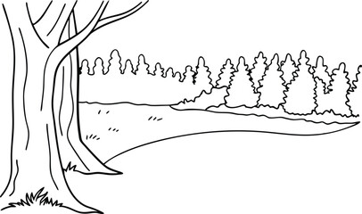 Simple Black And White Illustration Of A Forest Landscape With Trees