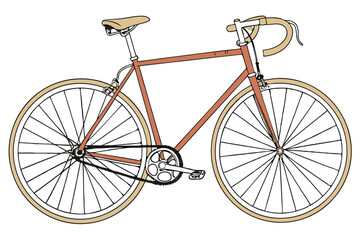 36 Vintage bicycle, orange frame, yellow leather seat, silver handlebars, thin tires, classic design, minimalist, retro style, urban commuter bike, single-speed, clean lines, simple elegance, muted co