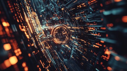 A central metallic key surrounded by digital elements symbolizing cybersecurity and data protection