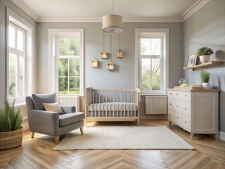Fototapeta premium Minimalist Grey Nursery Open Space with Statement Furniture, Selective Focus