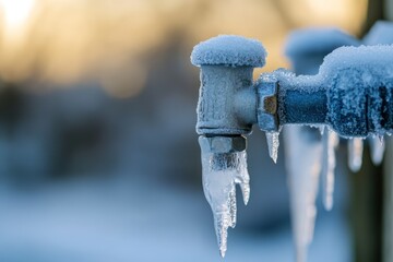Frozen outdoor water tap in winter close-up