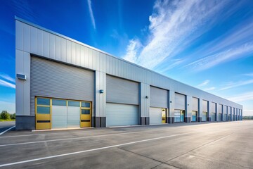 Obraz premium Minimalist Industrial Building Facade, Large Garage Doors, Empty Parking Lot, Clear Sky