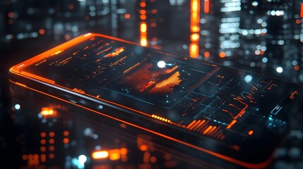 Futuristic smartphone displaying vibrant, dynamic data visualizations.  Orange and blue hues illuminate the sleek, modern device against a blurred city backdrop.