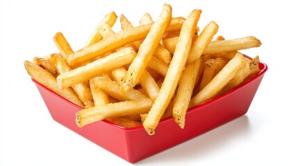High resulation image of pile of French Fries in Red Container. Fresh And Hot French Fries. Isolated on Background.