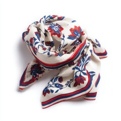 Floral scarf with red and blue design on white background