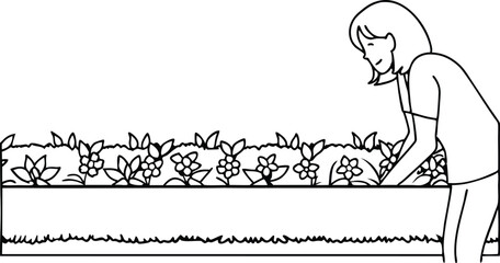 Gardener Tending To Flower Box In A Black And White Line Art Illustration