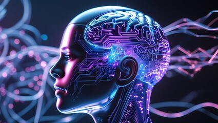 3D Cybernetic Human Head &ndash; AI Brain, Neural Network & Futuristic Technology Art