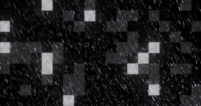 Abstract mosaic being animated in flat design, featuring striped squares and diagonal rain streaks