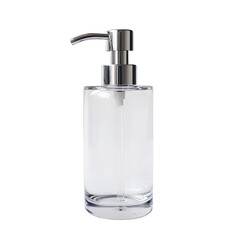 Obraz premium A sleek, modern glass soap dispenser with a metallic pump, set against a clean, white background, ideal for home decor