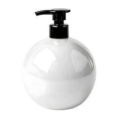 A sleek, round pump bottle filled with a white liquid, set against a clean background, ideal for beauty or personal care products
