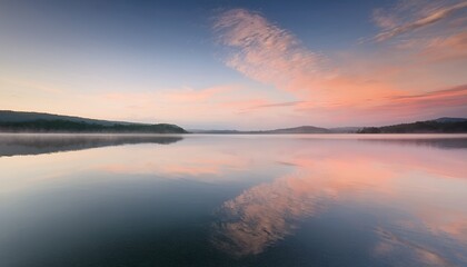 Obraz premium A calm lake reflects a soft pastel sky at dawn. Minimalist composition captures serenity, peace, and early morning stillness in nature with subtle gradients and perfect balance.