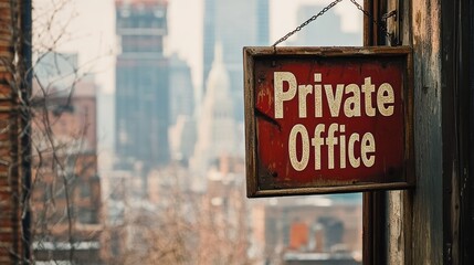 Obraz premium Private office sign, city backdrop, urban view, real estate