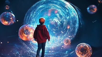 Child's Journey into a Nebula of Energy Orbs and Mystical Blue Vortex - Powered by Adobe