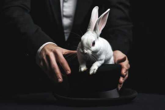 Magician pulling rabbit from black hat close-up