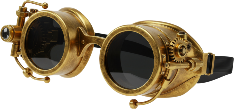 Intricate steampunk goggles with brass frames, dark lenses, and exposed copper gears. Perfect for sci-fi cosplay, fantasy costumes, or retro-futuristic character designs.