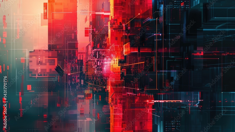 Poster abstract digital shape and particle technological cyber style design connecting become system shape 