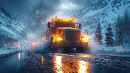 Night Drive through Snowy Mountains: A Powerful Truck Cuts Through the Blizzard