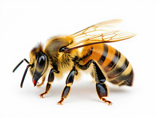 A detailed closeup of a honey bee isolated on a white background. Ideal for nature, pollination, insects, and eco-environmental visuals with clean composition.