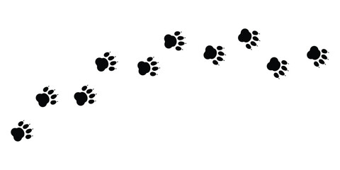 Dog paw prints trail silhouette, animal footprint path vector
