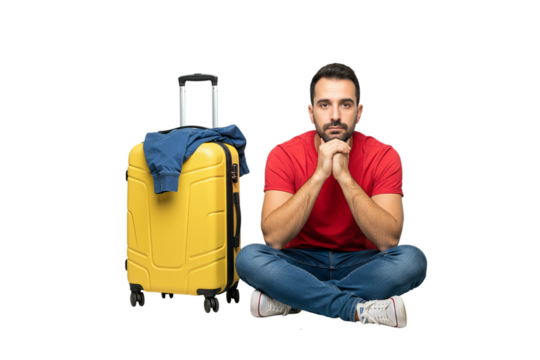 Rolling suitcase yellow travel luggage with man sitting near it sale - png, isolated on transparent background
