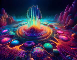 Obraz premium Vibrant Psychedelic Alien Landscape Surreal Digital Art of a Neon Bio Luminescent Planet