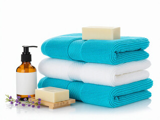 Minimalist illustration showing a towel stack with soap and essential oils. Clean wellness scene with a spa vibe, isolated on a white background.