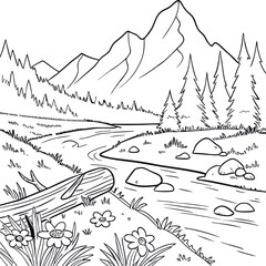 Fototapeta premium vector illustration of a mountain landscape kids coloring book page