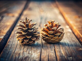Minimalist Still Life: Two Pine Cones on Rustic Wood
