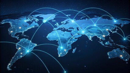 Global network connection over the world. Internet Concept of global business.World map with glowing lines on dark background. Network and communication concept. 3D Rendering