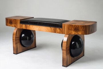 Elegant art deco style bench with black leather seat.
