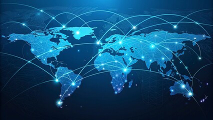 Global network connection over the world. Internet Concept of global business.World map with glowing lines on dark background. Network and communication concept. 3D Rendering