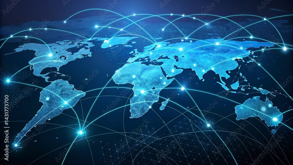 Wall mural global network connection over the world. internet concept of global business.world map with glowing