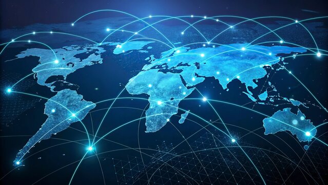 Global network connection over the world. Internet Concept of global business.World map with glowing lines on dark background. Network and communication concept. 3D Rendering