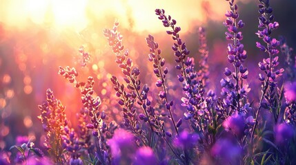 Purple flowers stretch toward the evening sun, creating a stunning display of color in a serene field. The warm light casts a magical glow over the blossoms