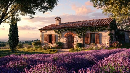 A rustic cottage sits gracefully amid lush lavender fields under a colorful sunset. The warm glow highlights the natural beauty and peaceful atmosphere of the countryside