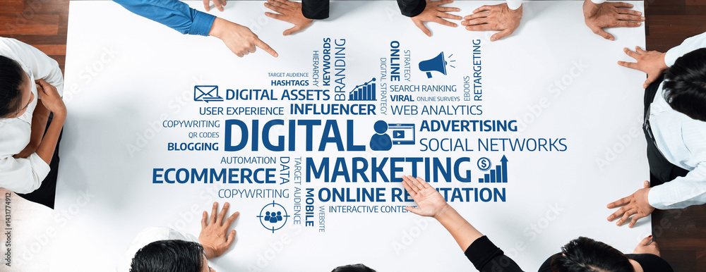 Poster a vibrant collaborative session exploring digital marketing strategies, focusing on user engagement,
