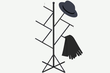 41 Coat rack sculpture, abstract design, minimalist, floating hats and gloves, black metal frame, white spherical ends, navy blue hat, gray fedora, black gloves, geometric composition, modern art inst