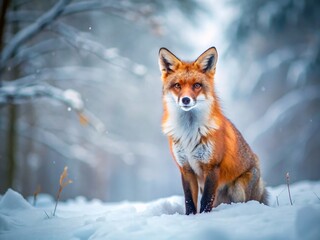 Fototapeta premium Minimalist Winter Fox: Red Fox in Snowy Forest