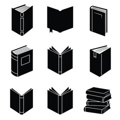 Books flat glyph icons. Reading, library, literature education vector illustrations. Signs for e-book store, textbook, encyclopedia. 